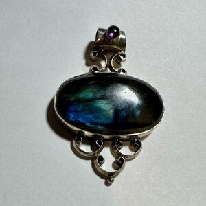 Vintage Artisan Handcrafted Labradorite and Amethyst in Sterling Silver Pendant